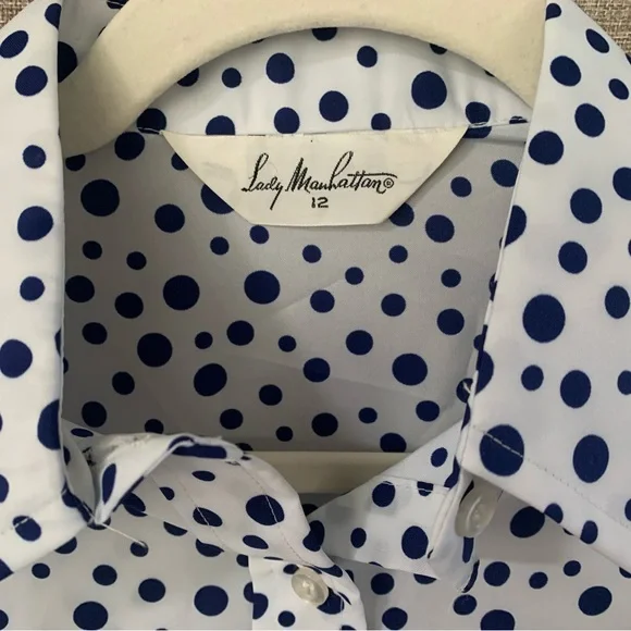 Lady Manhattan White Button Down with Blue Polka Dots - SZ 12 - Picture 2 of 5